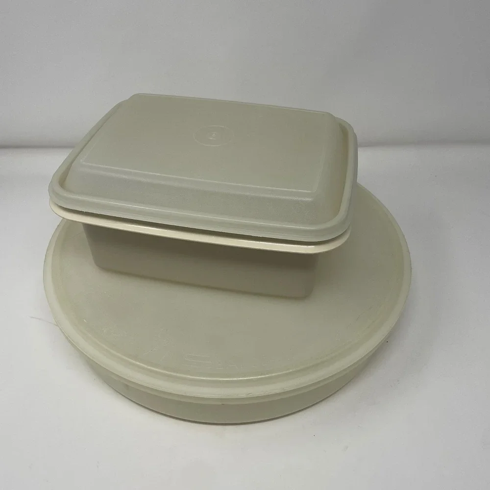 Vintage Tupperware Almond Cream Storage Set Rectangular Container & Round Seal
